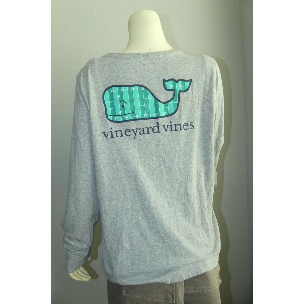 Vineyard Vines Womens XL Gray Football Whale Graphic LS Pocket T-Shirt Cotton